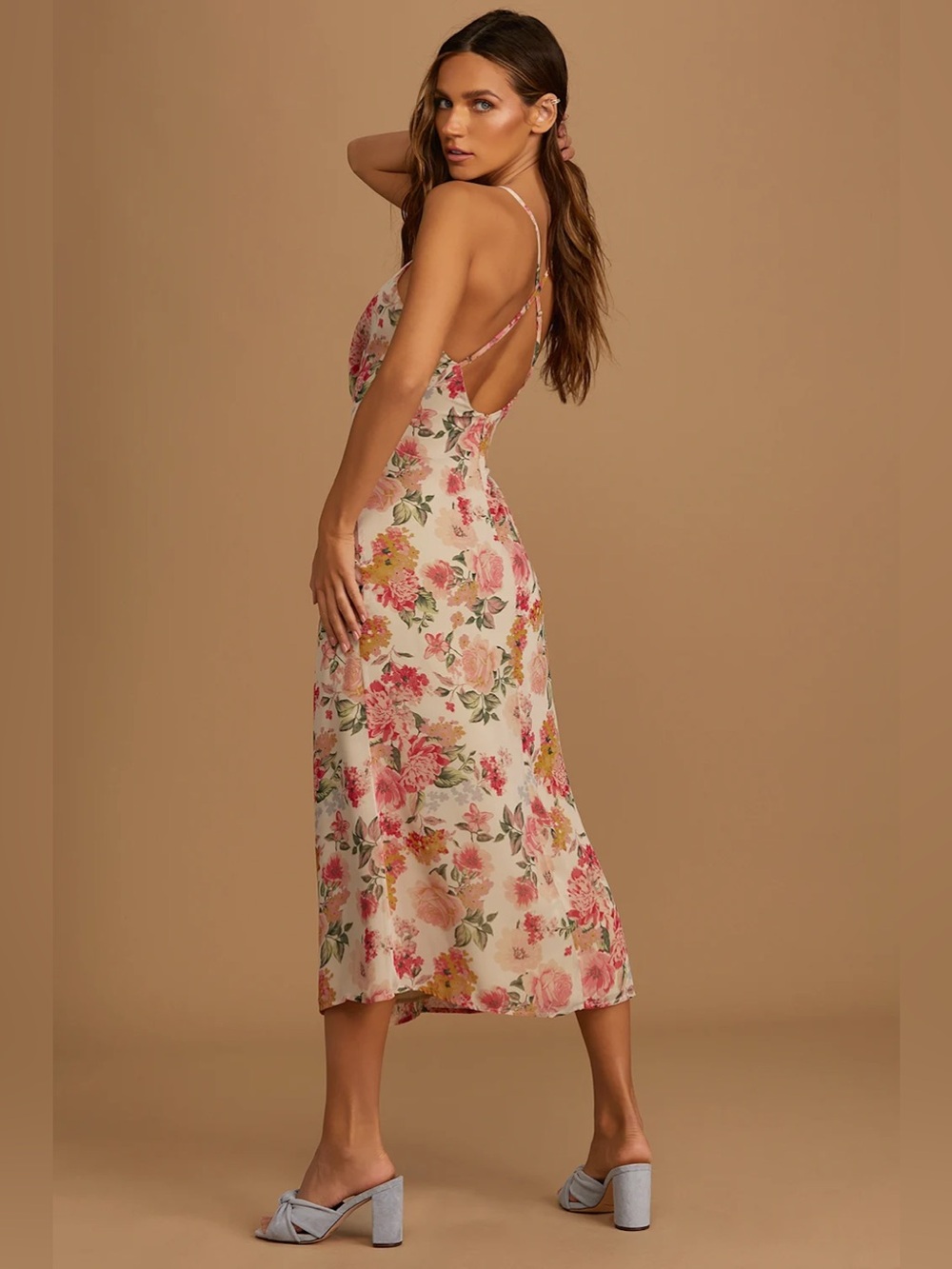 Lulu's Blush Floral Cowl Midi Dress - Picture 3 of 11